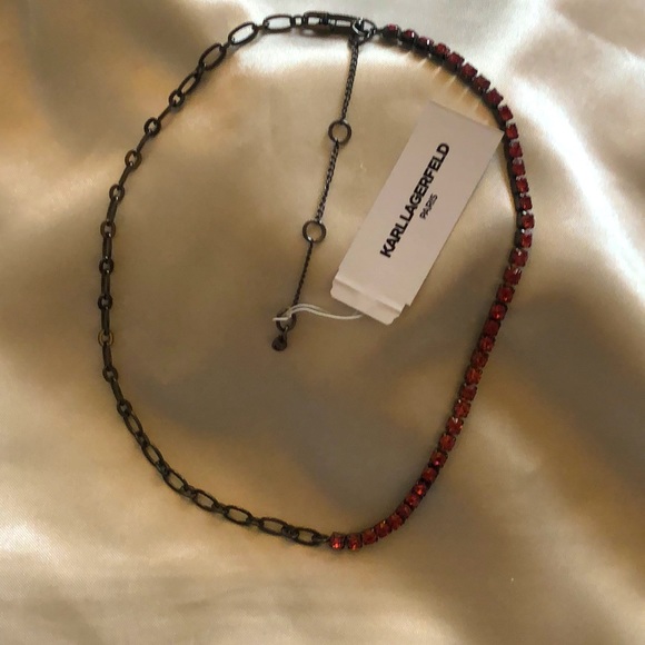 Karl Lagerfeld Hematite Tone Link & Rose Crystal Cup Chain Collar Necklace NWT - Picture 4 of 13